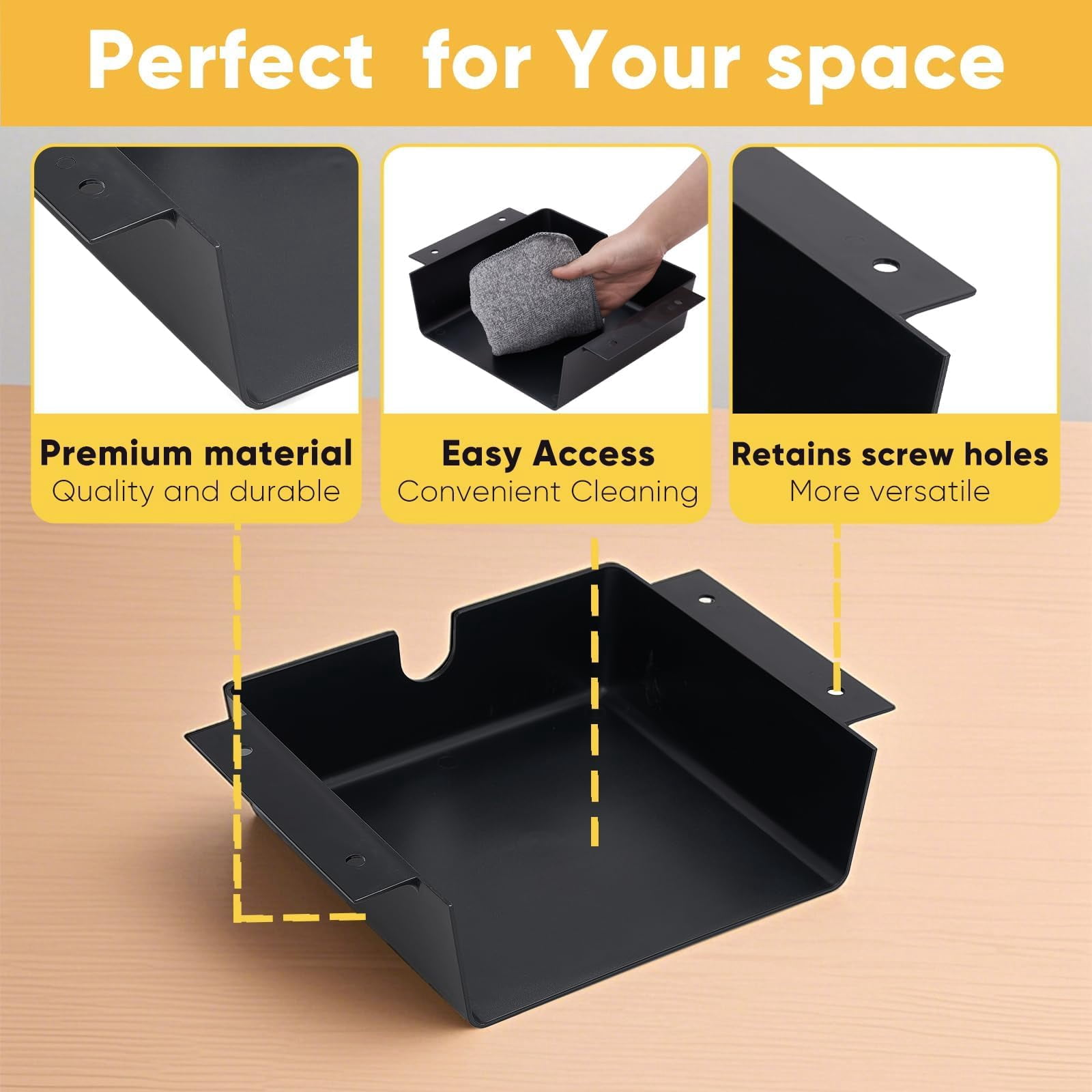 2 Pack Under Desk Hanging Shelf Drawer Organizer  Attachable Plastic Storage Tray Easy Adhesive Mount Holder For Standing Tables Office Counters Cabinets Workstations - Black