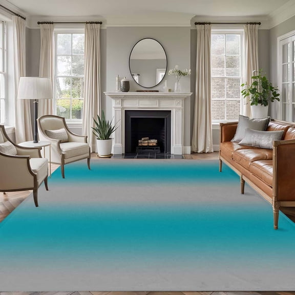 Turquoise Ombre Large Area Rug 8x10 FT, Non Slip Living Room Throw Carpet, Grey Modern Art Farmhouse Washable Soft Indoor Outdoor Carpet Non-Shedding Rug for Bedroom Dining Room