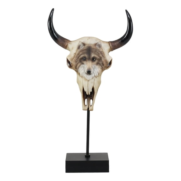 Ebros Large Alpha Wolf Spirit Totem On Buffalo Bull Skull Stake Statue 17.5" Tall Wildlife Hunting Home Decor and Gifts