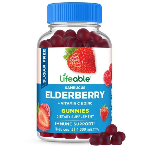 Lifeable Sugar Free Elderberry Gummies with Vitamin C and Zinc | Great Tasting Sambucus Elderberry Immune Support Supplement | Kosher, Vegan, Non GMO black elderberry for adults | 60 Gummies