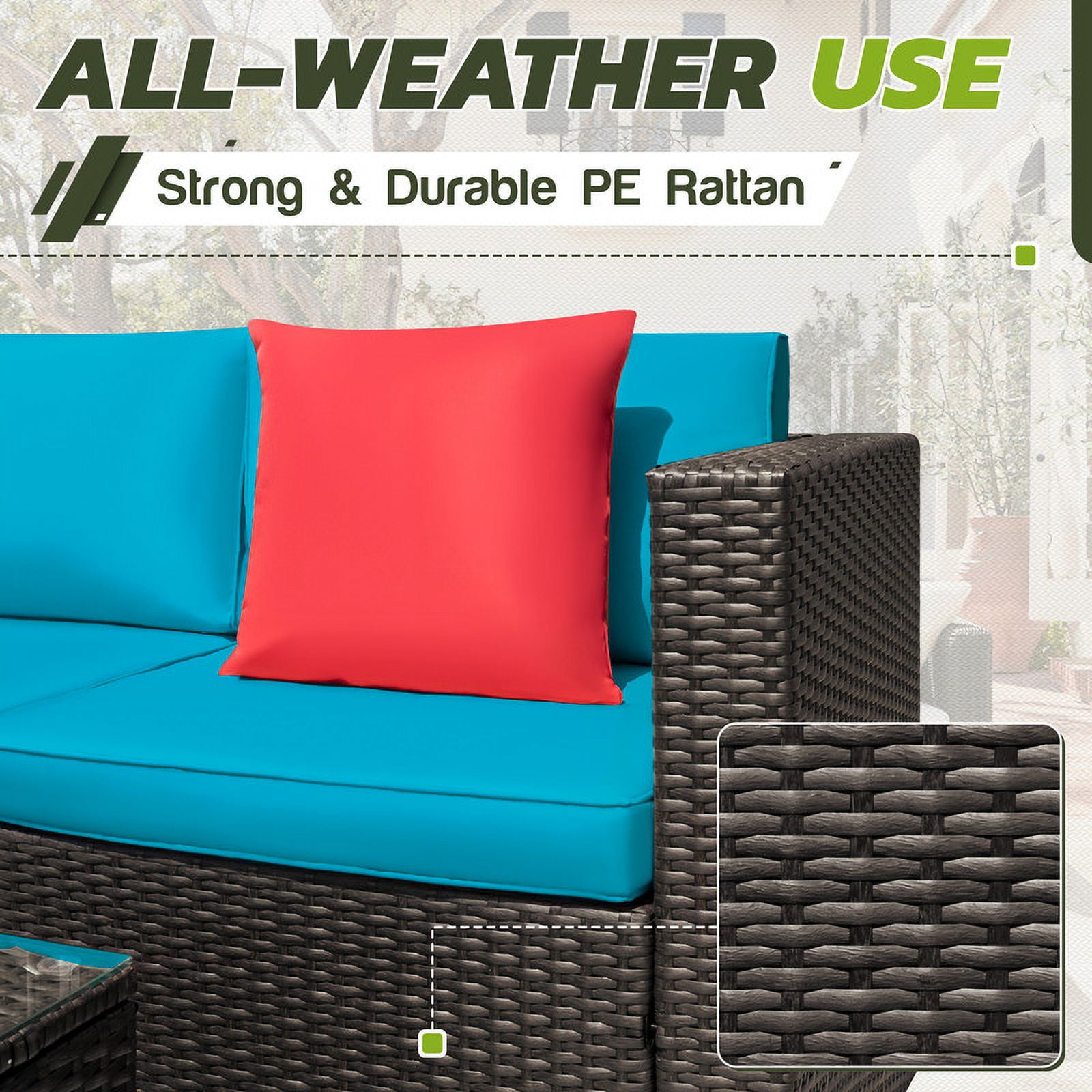 Homall 5-Piece PE Rattan Outdoor Sectional Sets with Tea Table and Ottoman, Blue