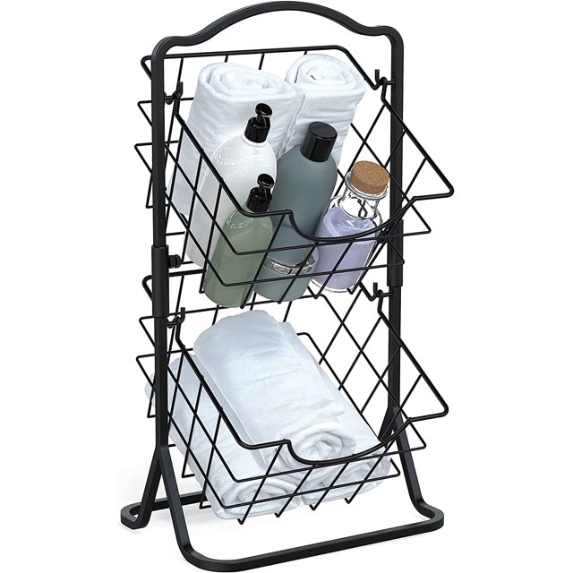 Brookstone 2 Tier Fruit and Hand Towel Basket Stand, Black Steel