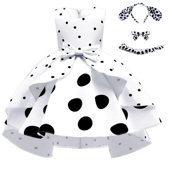 Girls Dalmatian Dress Up Polka Dot Bowknot Dress Cosplay Fancy Dresses