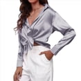 thumbnail image 3 of Blusas de Satén con Cuello en V y Larga para Mujer, Blusas de Seda de Verano, Moda 2025 Gris L, 3 of 9