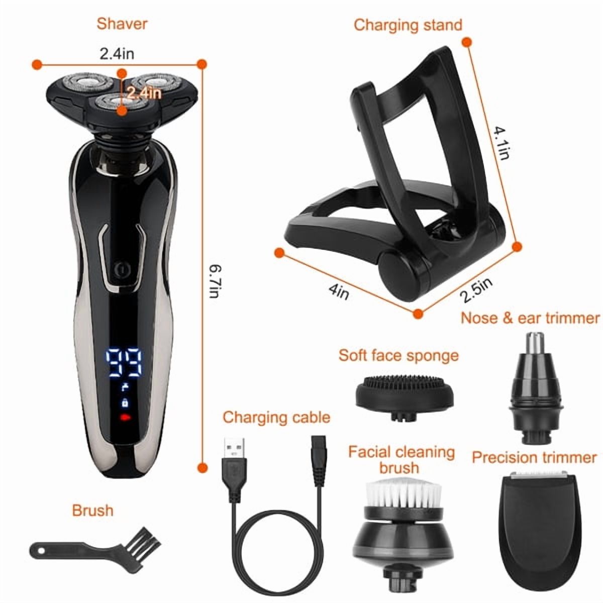 5 in 1 Men's Grooming Kit w/ 3D Rotary Shaver, Nose Trimmer, Facial Brush, Precision Trimmer & Sponge - Black, IPX6 Waterproof, USB Rechargeable, Travel Ready