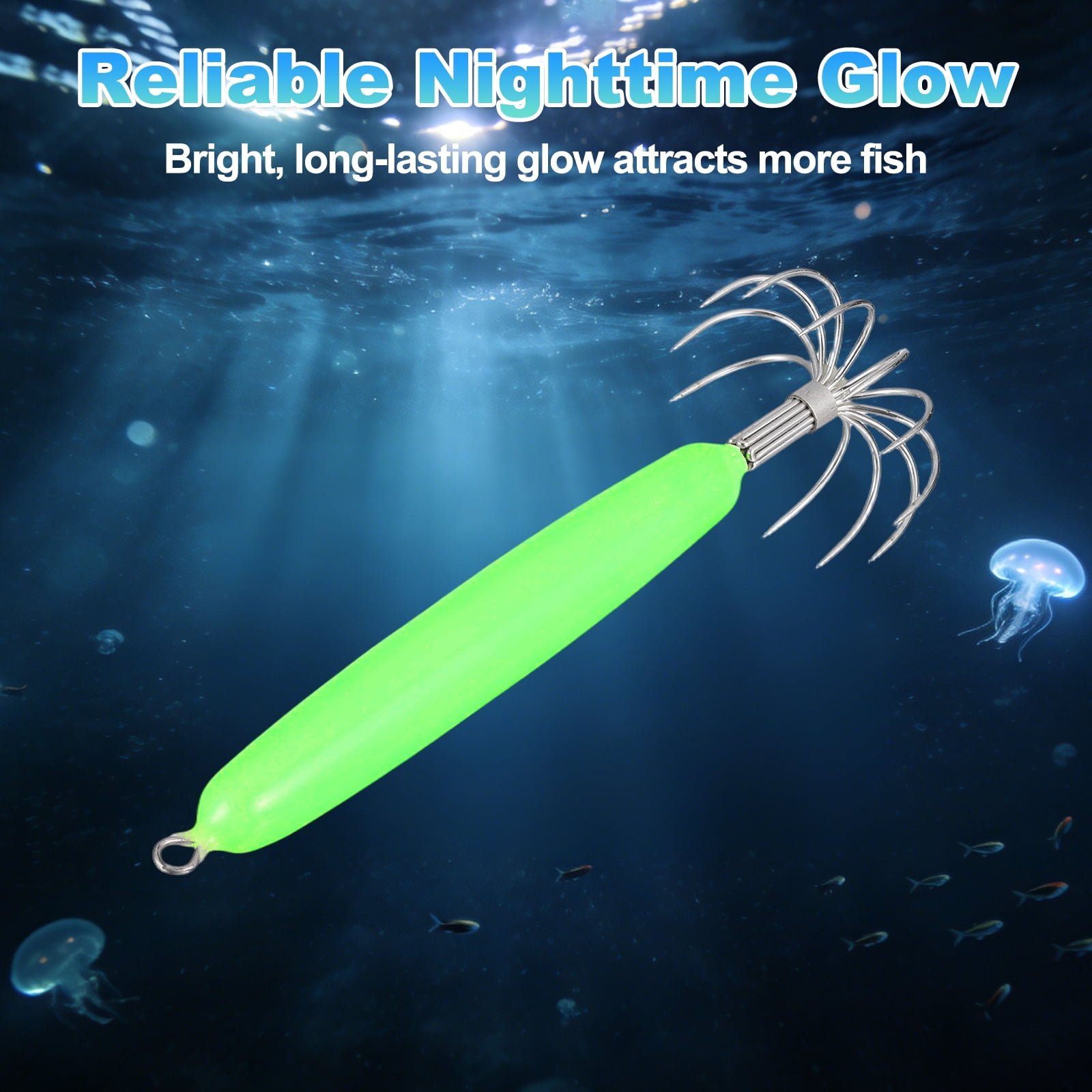 Uxcell Luminous Squid Jig Hooks, 55g Squid Jigs Saltwater Glow in Dark with 12 Stainless Steel Needles Fishing Lures Bait 4'' & 8Pcs & Green - Fit for Cuttlefish Sleeve Night Fishing