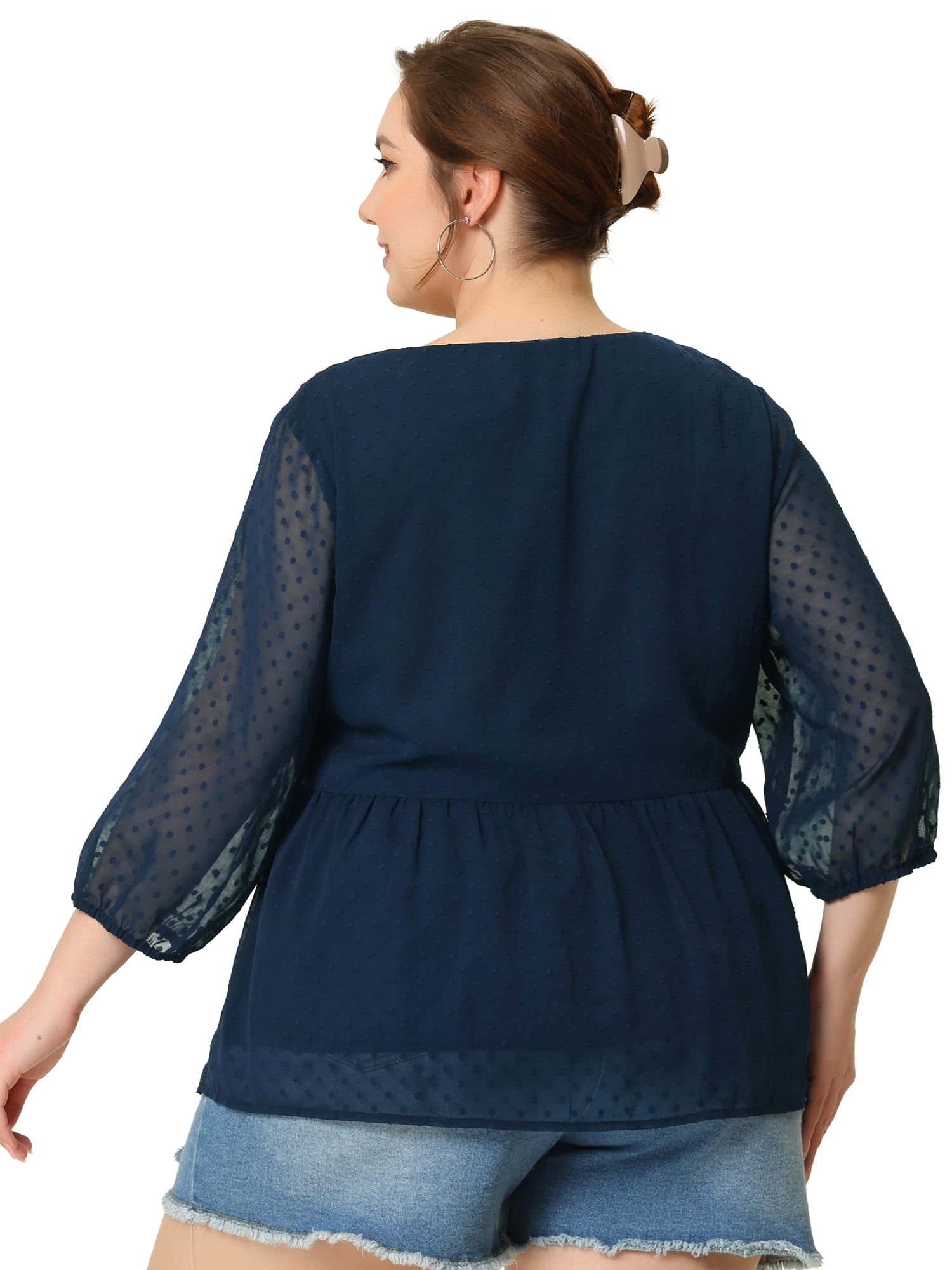 Unique Bargains Women's Plus Size Chiffon Tops Babydoll Swiss Dots Blouses