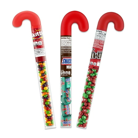 MM's Milk Chocolate, Snickers, and Skittles Candy Cane Tubes (Pack of 3)
