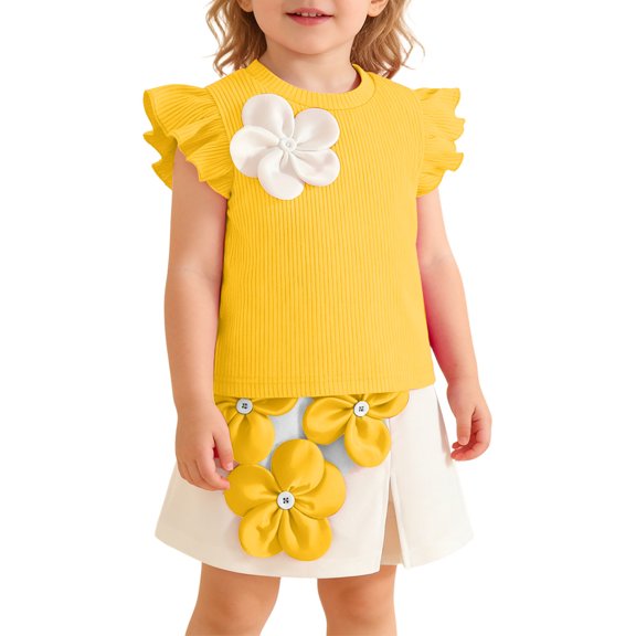 WRKEKC Girls Summer Outfits Kids Floral Appliqué Ruffle Sleeve Top and Skirt 2 Piece Set for Toddler Girls 6 Months-3 Years