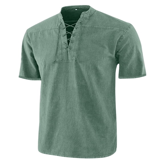 ZCFZJW Men's Short Sleeve Pirate Shirt Medieval Retro Cross Lace-up V Neck Stand Collar Solid Color Tee Shirts Top Vintage Renaissance T-Shirts Army Green L