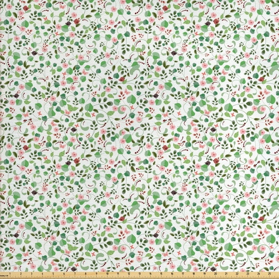 Leaves Upholstery Fabric by the Yard, Flourishing Nature Theme with Fresh Foliage Flower Blooms and Sparrows, Decorative Fabric for DIY and Home Accents, Green Pink Olive Green by Ambesonne