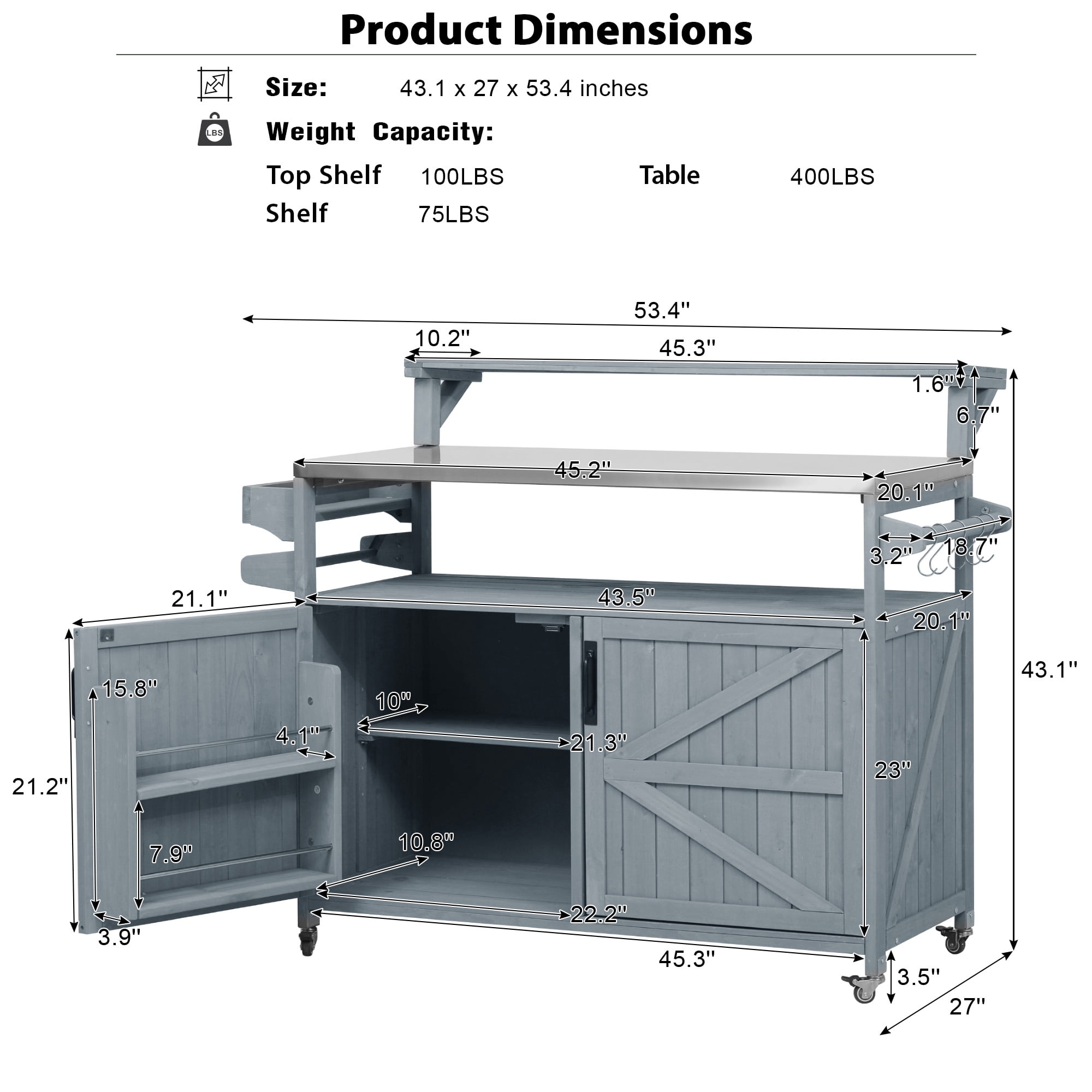 BIGWOO Outdoor Kitchen Island with Solid Wood Storage Cabinet with Stainless Steel Top, 53.3” Grayish Blue