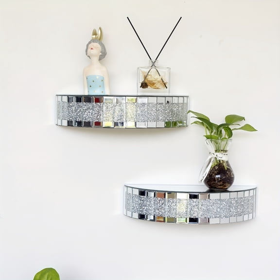 2Pcs Mirrored Floating for Wall Decor. Glamorous Crystal Crush Diamond DecorativeWall Shelf.