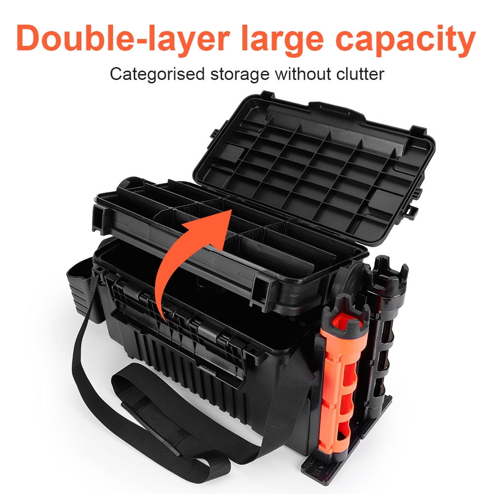 SHegdu 2 Tier Fishing Tackle Box Fishing Tackle Storage Box with Cup & Rod Holder Fishing Gear Carry Case Adjustable Fishing Organizer Case Large Capacity Fishing Accessories
