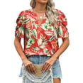 thumbnail image 5 of Nlife Women Puff Sleeve Floral Hawaiian Shirt V Neck Casual Tropical T-Shirt, 5 of 7