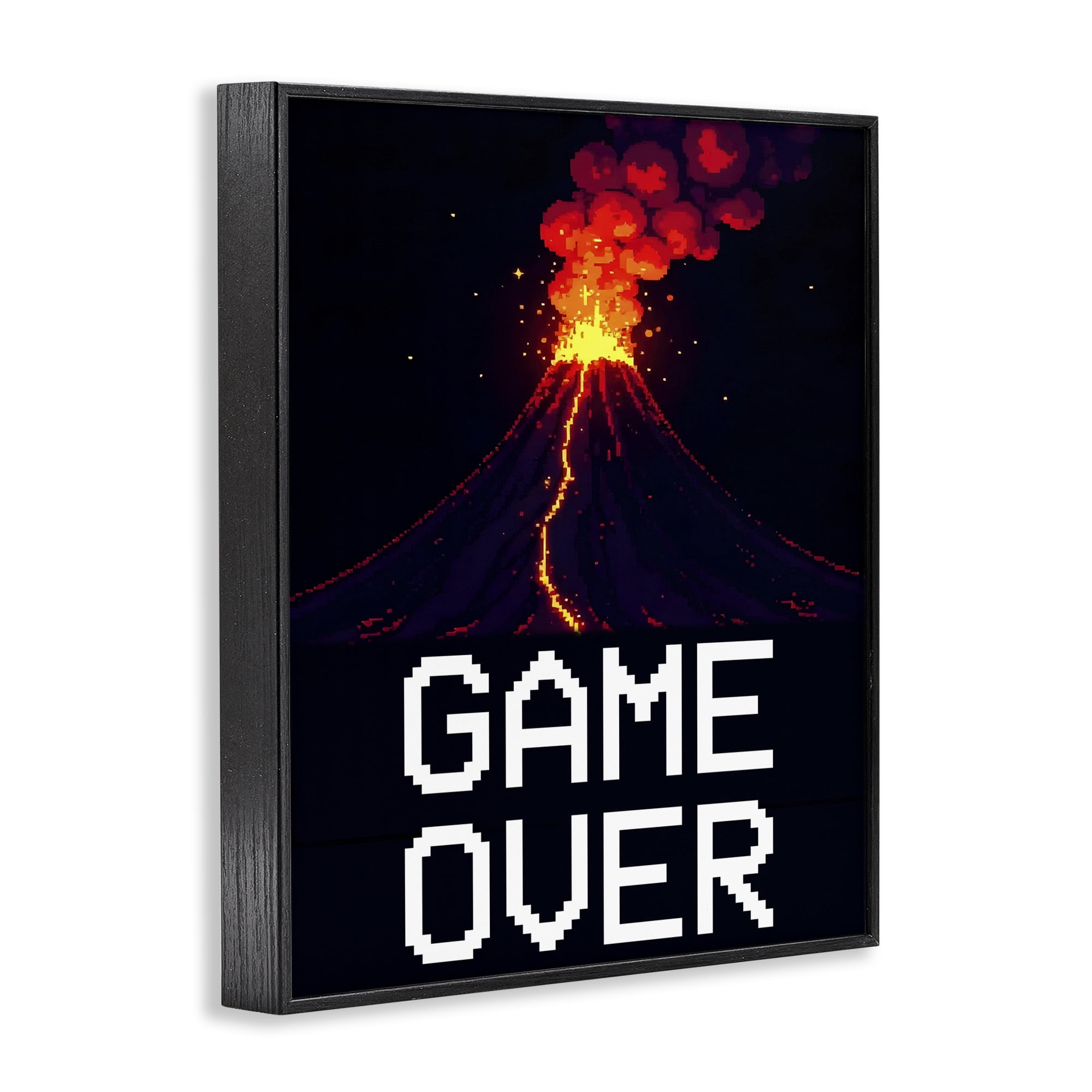 Pixel Volcano Game Over Black Framed Giclee Art, design by Kim Allen