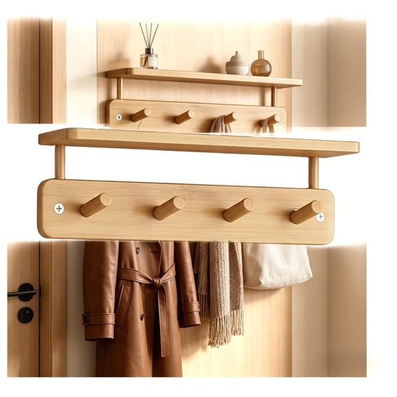 Gaoxin Walnut Wood Wall Mount Coat Rack with Shelf, 4 Hooks, for Entryway Living Room, 6.69x15.75x4.33in