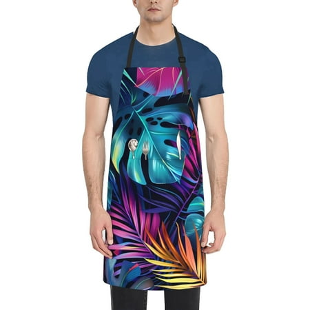 

Goofa Colorful Tropical Leaves Printed Waterproof Apron 33 Chef Aprons for Men Heavy Duty Chemical Work Apron Adjustable Bib Apron