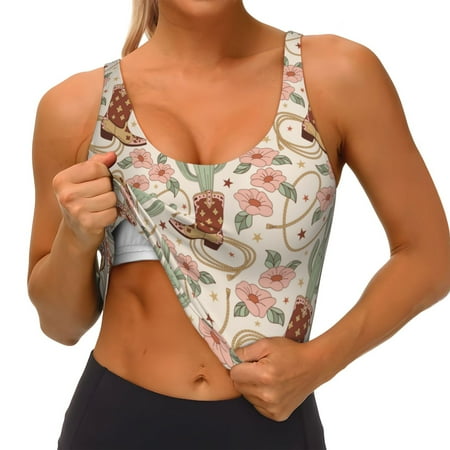 Qokaie Floral Cowboy Boots Pattern Womens Scoop Neck Sports Bra Breathable Workout Vest Padded U Back Medium Impact Fitness Gym Yoga Bra Workout Crop Top