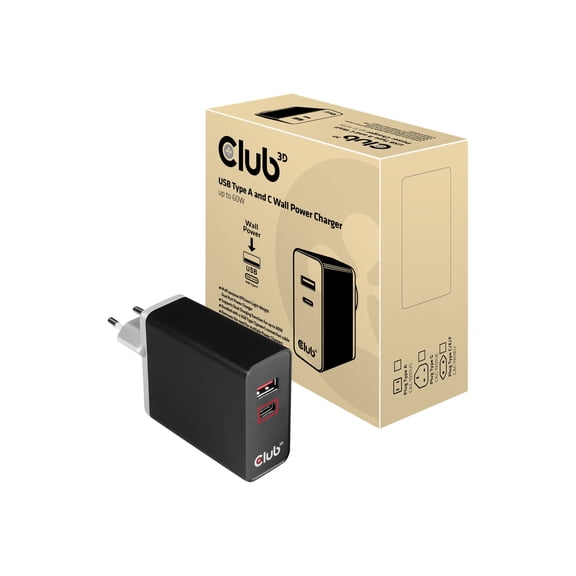 CLUB 3D B.V CAC-1902 Usb C Power Charger 60 Watt Adap 1x Usb C Port 45 Watt Usb A 12watt