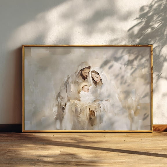 Religious Poster, Christmas Nativity Wall Art, Joseph Mary Baby Jesus in manger, Birth of Jesus, Christian Faith, Spiritual Modern Home DÃ©cor, 12x18 UNFRAMED