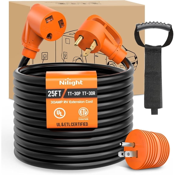 Nilight 25FT 30 Amp RV Extension Cord with Adapter 15Amp to 30Amp 125V Heavy Duty 10/3 Gauge Pure Copper STW Wire UL ETL Listed 3 Prong TT-30P TT-30R Weatherproof Suit for Generators Campers