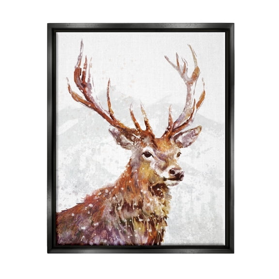 Stupell Industries Winter Deer Mountain Snowfall Holiday Painting Black Floater Framed Art Print Wall Art