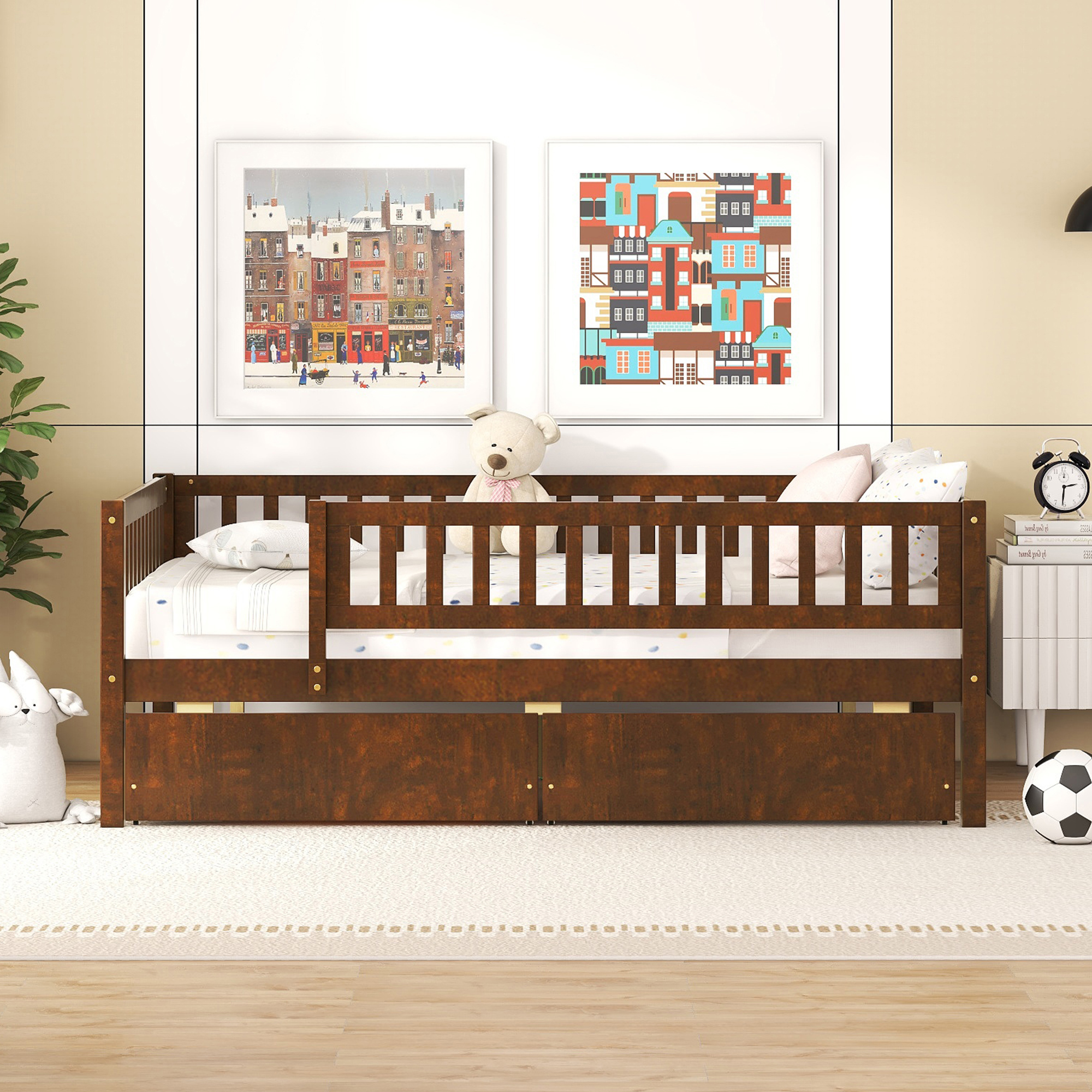 Bellemave Full Daybed with Storage and Fence, Wooden Full Size Platform Bed with Rails and 2 Drawers, Low Loft Bed Frame for Teens (Natural)