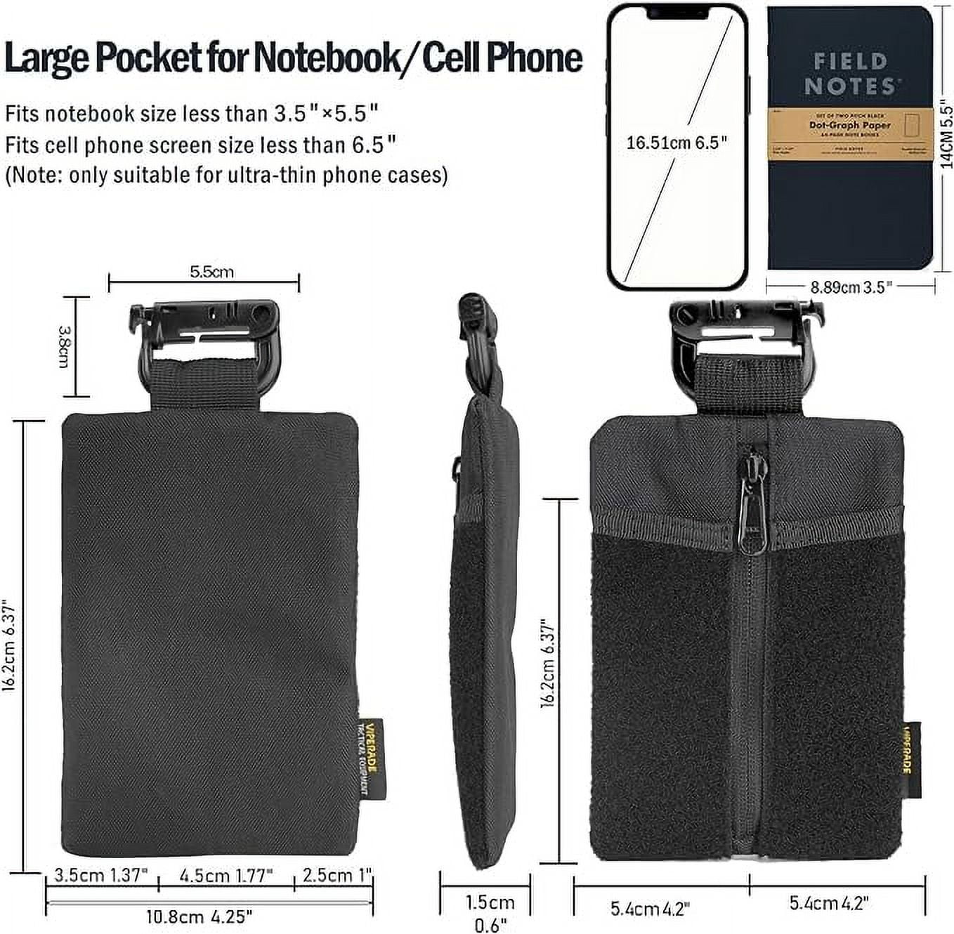 VIPERADE VE24 EDC Pouch, Minimalist EDC Pocket Pouch with DIY Patches Area, EDC Organizer with 2 Tool Slots, Pocket Organizer with Zipper Pocket-Black
