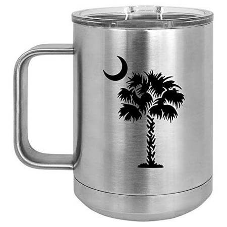 15 oz Tumbler Coffee Mug Travel Cup With Handle & Lid Vacuum Insulated Stainless Steel Palmetto Tree South Carolina Palm Moon (Silver)