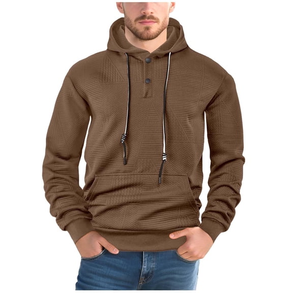 Men Jacquard Snap Button Collar Pullover Hoodie Slim Fit Thermal Textured Knitted Waffleknit Hooded Sweater