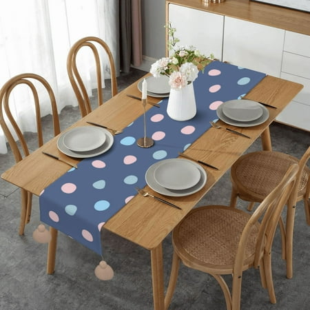 

Crayon Dots Navy Blue Background Table Runner Imitation Linen Table Runner With Khaki Tassels For Party And Dining Room 14 x 60