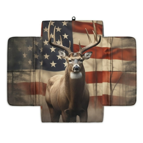 Renewold Deer American Flag Car Center Console Cover Comfortable Non-slip Armrest Cushion with Side Storage Pocket Arm Rest Covering Protective Cover Car Interior Accessories