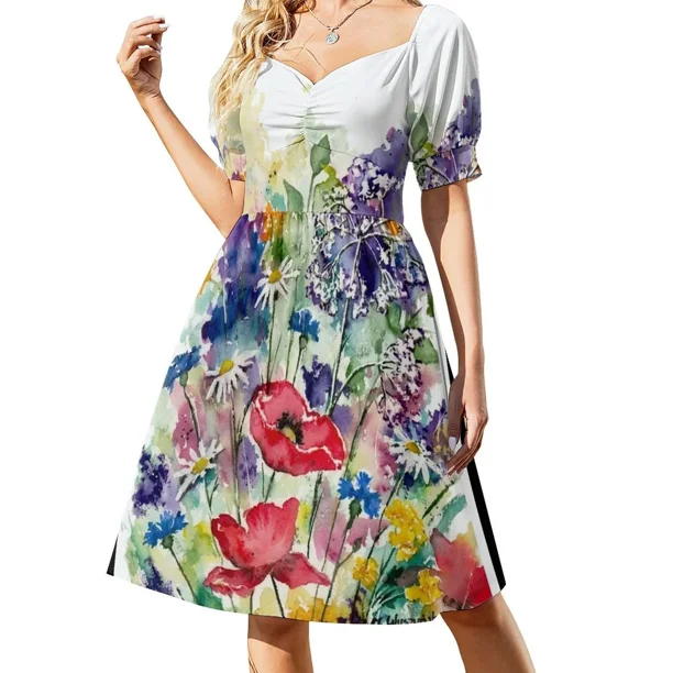 Vestido sin mangas de acuarela con flores de primavera, vestido de verano para mujer, vestidos para mujer, vestido