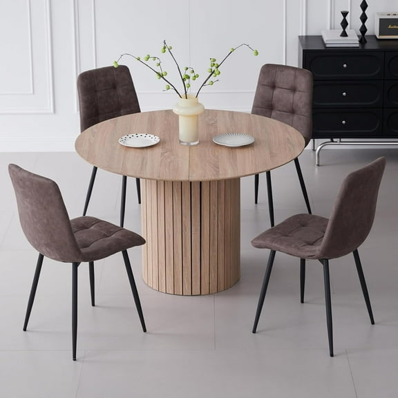 5 Piece Round Dining Table Set - Mid-Century 47 inch Oak Dining Table with 4 Brown Faux Leather Chairs Set, Dinner Table & Chair with Metal Legs for Kitchen Dining Room, Apartment, Bedroom