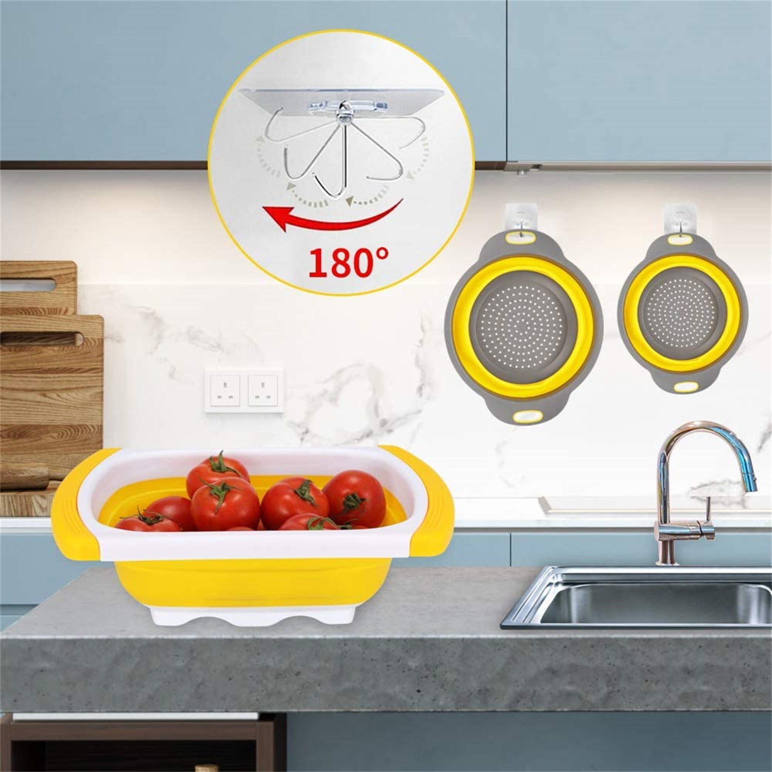 Kepooman Kitchen Over The Sink Collapsible Colander Strainer with Extendable Handles for Vegetable Fruit, Yellow Kepooman Kitchen Over The Sink Collapsible Colander Strainer with Extendable Handles for Vegetable Fruit, Yellow