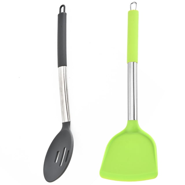 Paquete de 2 utensilios de cocina de silicona grandes, juego de utensilios de cocina de acero inoxidable sólido y ranurado, resistente al calor