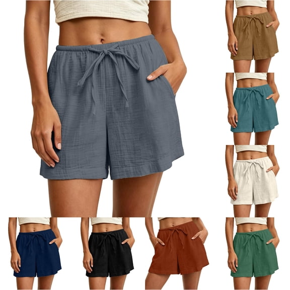 Afdoent Shorts For Women Casual Summer Solid Color Double Layer Shorts With Pocket Loose Fit Elastic Waist Breathable Lightweight Beach Vacation Clothes