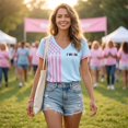 thumbnail image 4 of JULMCOMO Breast Cancer Awareness Shirts for Women I WON Pink Ribbon American Flag Gingham Cuff V Neck Graphic Tees Breast Cancer Loose Casual T Shirts Sky Blue XL, 4 of 7
