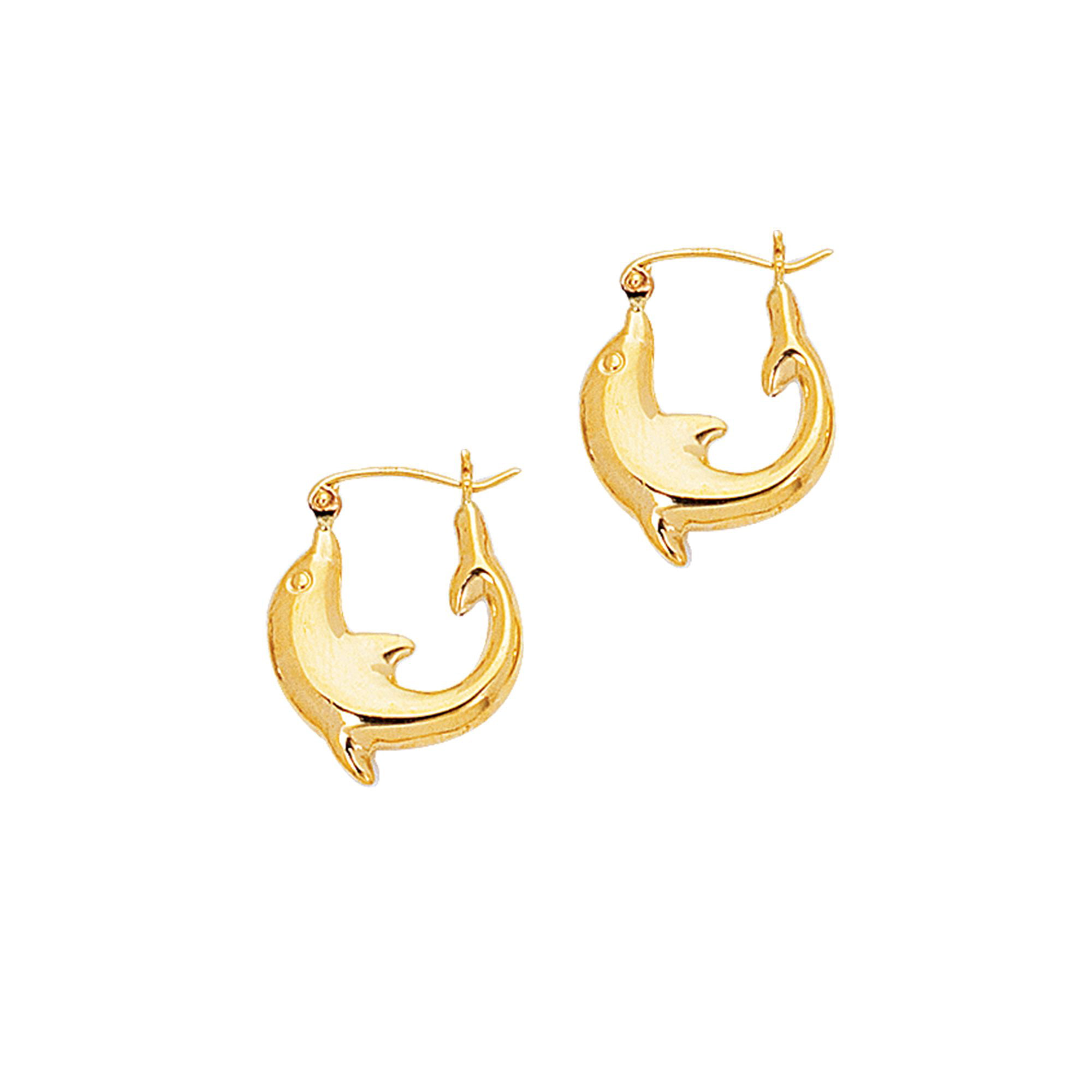 14K Yellow Gold Shiny Small Dolphin Symbolic Hoop Earrings with Hinged ...