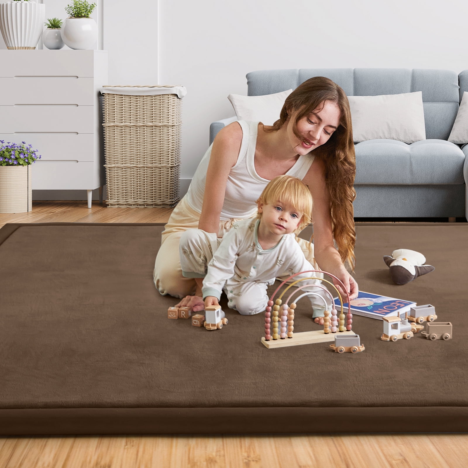 Teler Baby Play Mat for Floor, 1.3" Thick Foam 50"×50" Playmat, Ultra-Soft Plush Feel & Non-Slip Backing Safe for Infants, Toddlers Crawling, Coffee