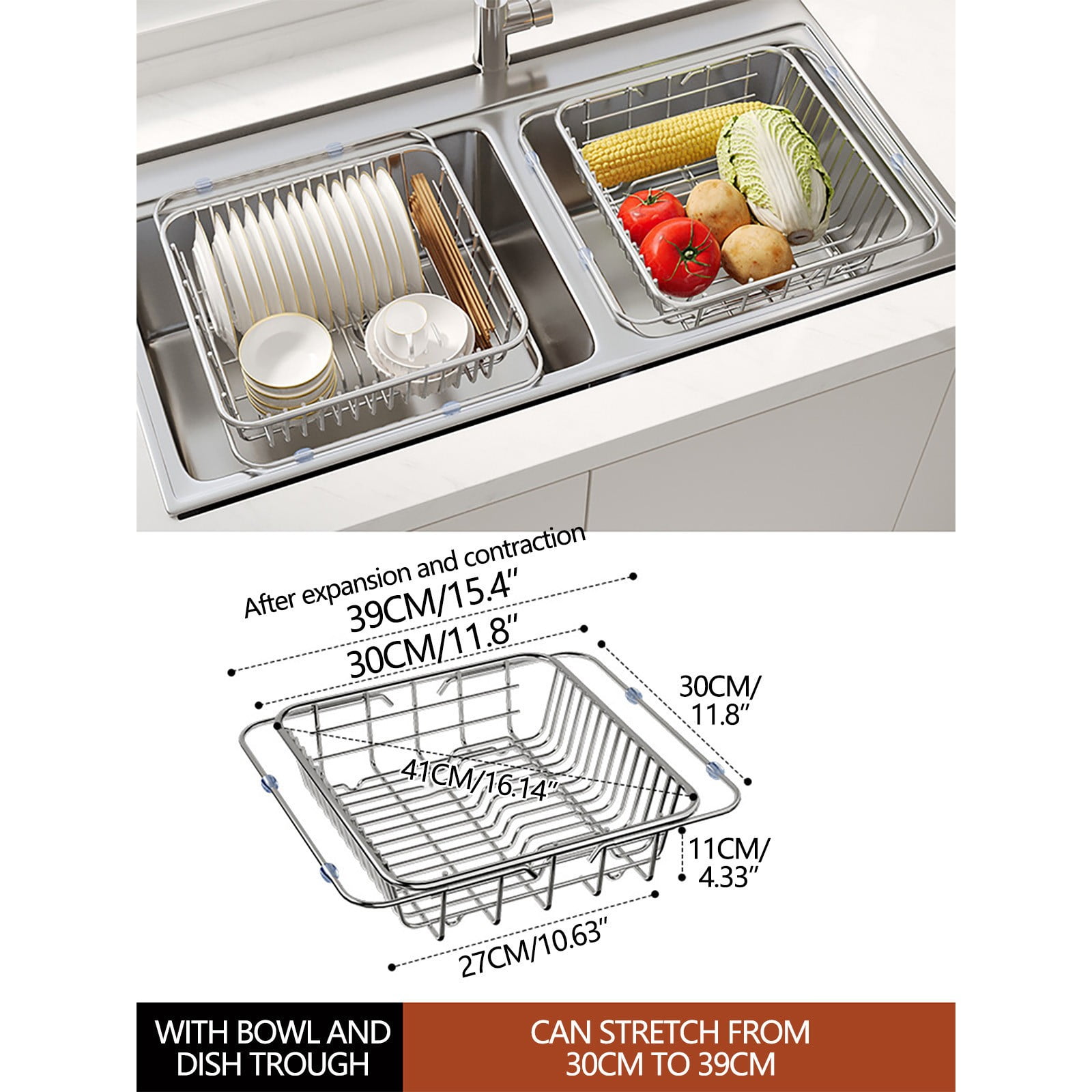 Adjustable Over Sink Dish Drying Rack Stainless Steel Dish Drainer, On Counter or in Sink Dish Rack, Deep and Large- Rustproof