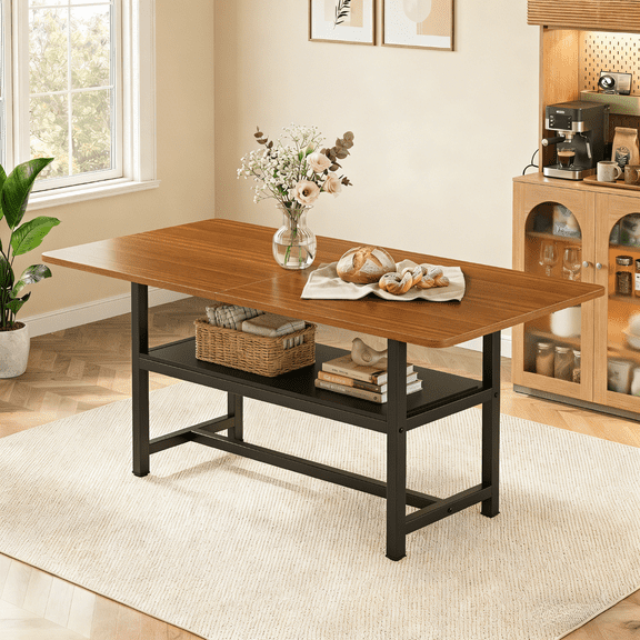Hi loPres 71" Modern Dining Table with Storage Shelf, Stylish Walnut Wood Grain MDF Kitchen Table with Black Metal Legs for Dining Room and Home Office