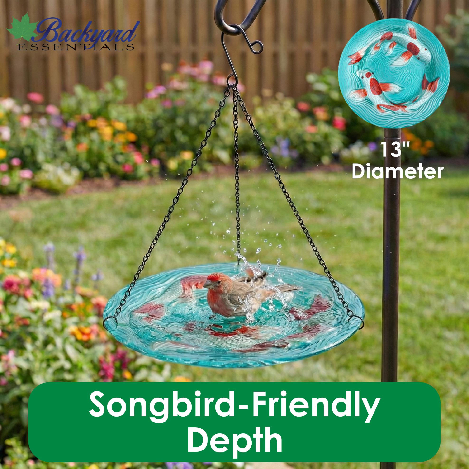 Songbird Essentials Outdoor Bird Bath, Hanging Glass Birdbath, Koi Pond 13in Round