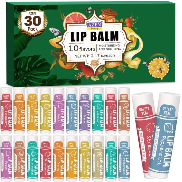 Bálsamo labial AZEN, 30 unidades, hidratante y natural, 10 sabores