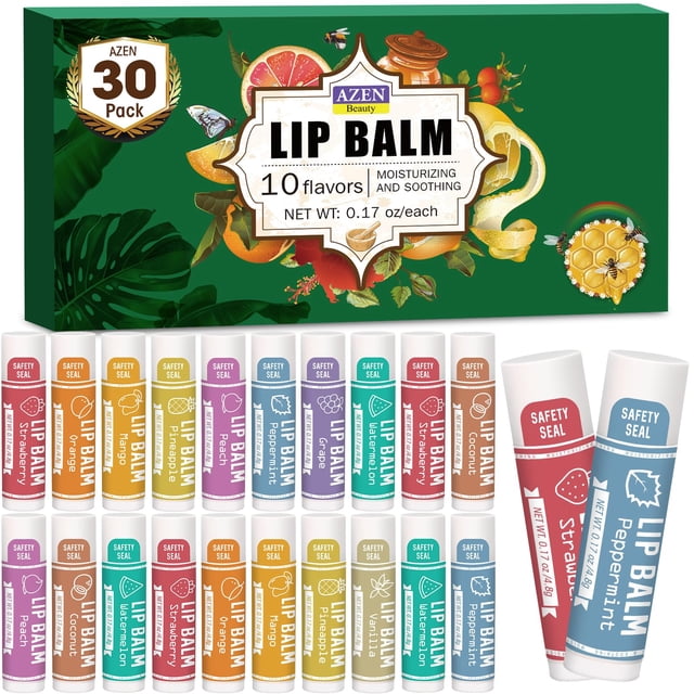 Bálsamo labial AZEN, 30 unidades, hidratante y natural, 10 sabores