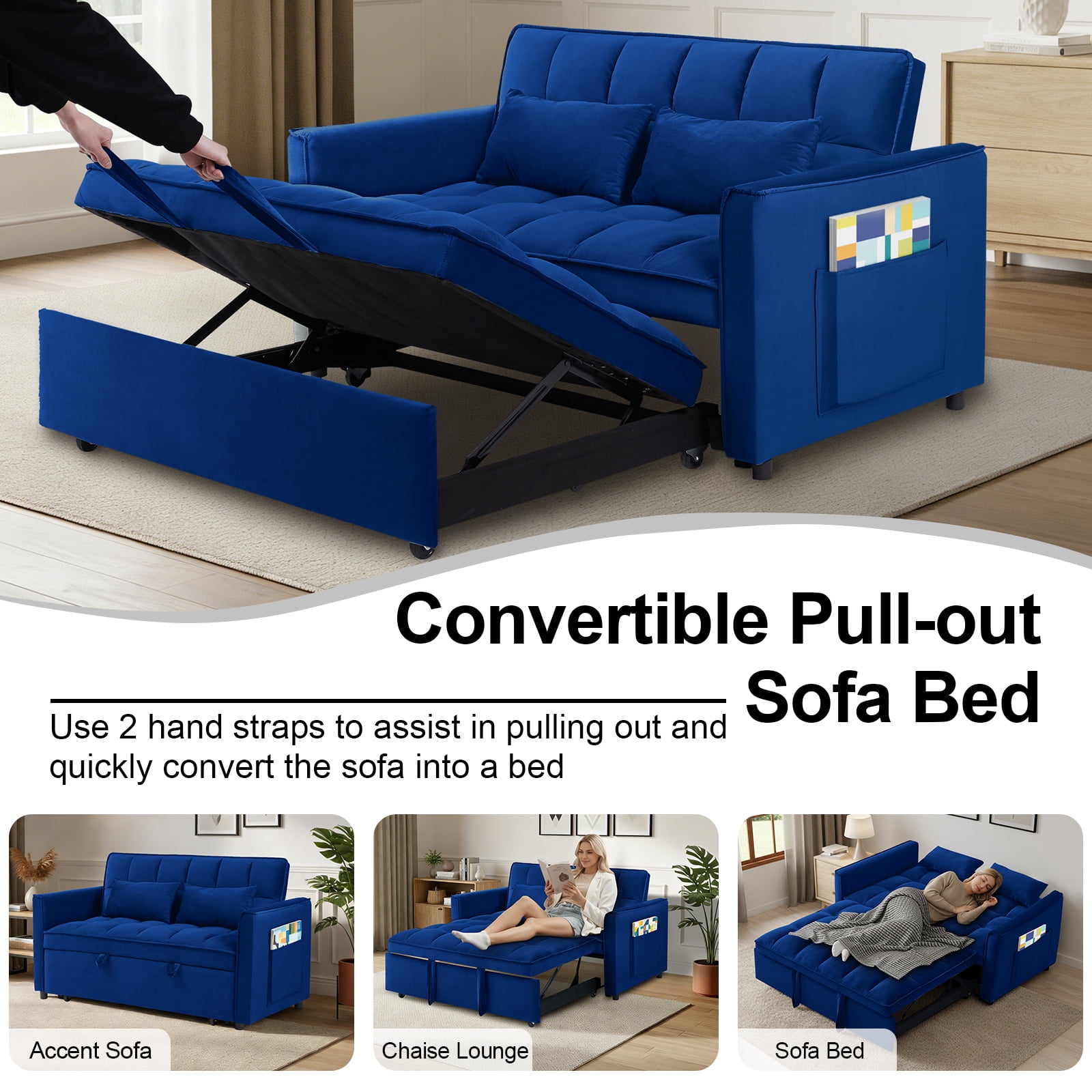 Howcool 55" 3 in 1 Convertible Sleeper Sofa Bed, Pull Out Loveseat Couch with Storage Pocket,Blue