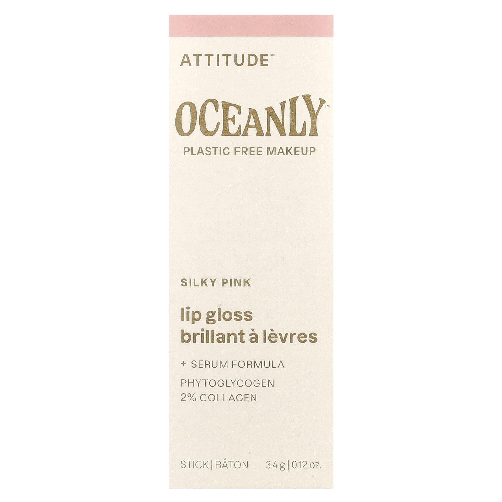 ATTITUDE Oceanly Plastic-Free Sheer Lip Gloss Stick, Titanium Dioxide-Free, EWG Verified, Vegan  and  Cruelty-free Makeup, Silly Pink, 0.12 Ounces