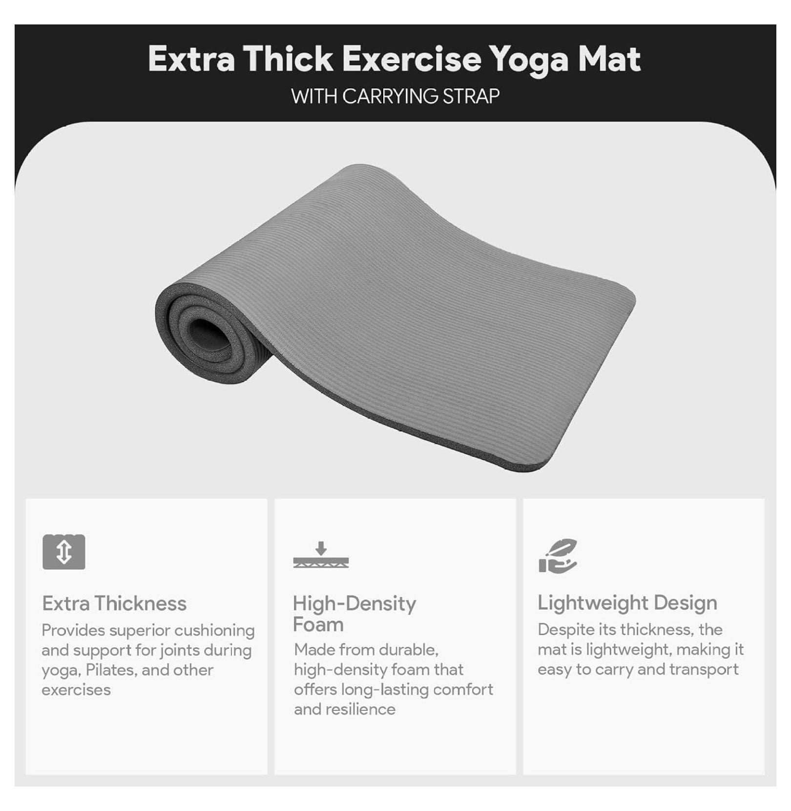 Yoga Mat 71x24 Inch Extra Thick - 1 Inch High-Density Foam Exercise Mat with Non-Slip Surface & Carrying Strap for Pilates, Home Workout - Multiple Colors