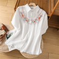 thumbnail image 4 of Women's Button Down Blouses Fashion Collared Embroidered Short Sleeve Shirts Linen Loose Casual Summer Work Tops, White, Free Size, 4 of 4